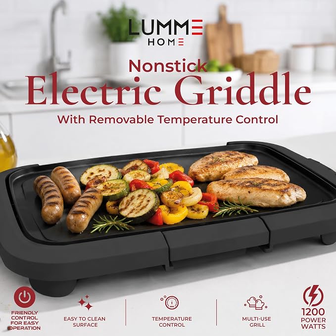 Lumme Electric Griddle with Removable Temperature Control, Immersible Flat Top Grill, Burger, Eggs, Pancake Griddle, Nonstick Easy Clean Cooking Surface, Slide Out Drip Tray, 10 x 16 Inch