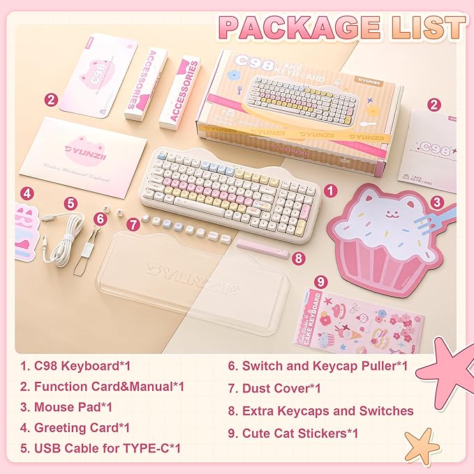 YUNZII C98 Wireless Mechanical Keyboard with Number Pad,99 Key BT5.0/2.4G/USB-C Hot Swap Gasket Mount with PBT MOA Keycaps,Custom RGB,Cute Cake Keyboard for Win/Mac (Beige, Candy Linear Switch)