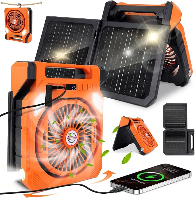 Battery Solar Powered Fan with LED Light & Flashlight, 180° Oscillation 26000mAh Ventilador Recargable Camping Fan 10W Fast Charging Solar Dual-Panel Portable Cordless Fans for Outside, Beach, Hiking