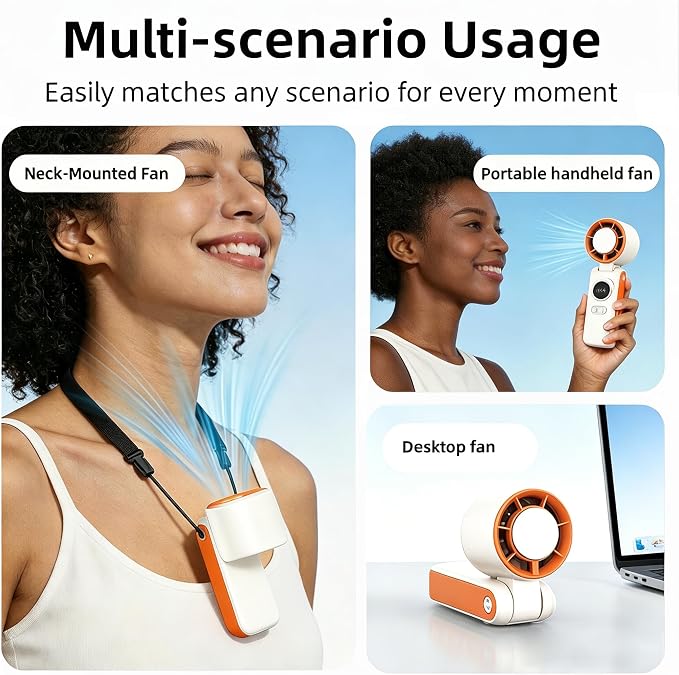Handheld High Speed Turbo Ice Fan,with Semiconductor Ice Cooling,199 Speed/26550RPM,6000mAh USB Rechargeable,3-in-1 Mini AC Fan(Hand/Neck/Desk),Portable Personal Fans for Outdoor Travel Beach(Orange）