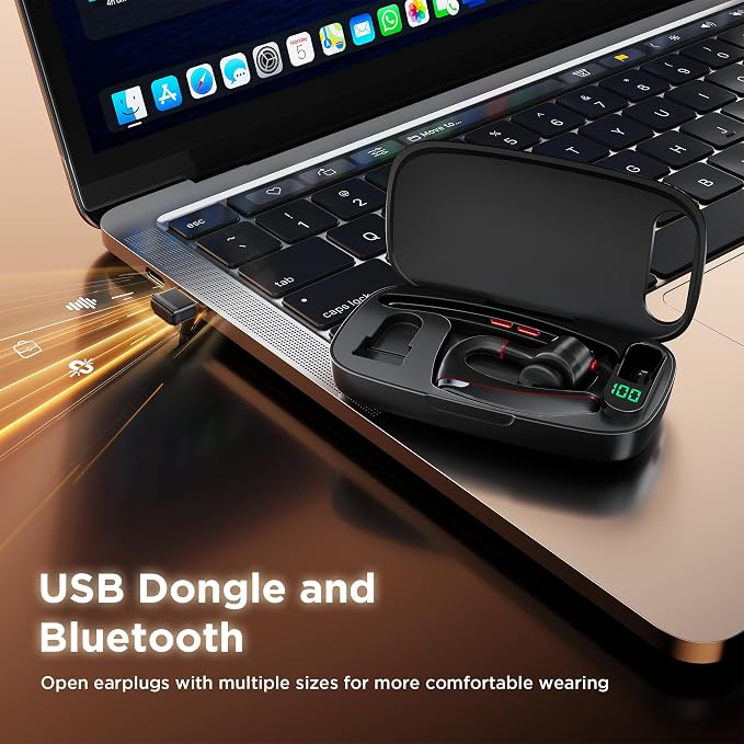 Bluetooth Headset V5.3, Wireless Headset with Dual Noise-Canceling Microphones, Portable Charging Case, 300H Standby Time, Hands Free Headphones for PC Cell Phones, Trucker Office Work (Red)