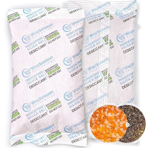 Wisesorb 200 Gram [50 Packs] Silica Gel Desiccant Packets with Orange Indicating Beads, Rechargeable Silica Packs, Moisture Absorbers for 3D Printer Filament Gun Safe Camera Electronics Equipment