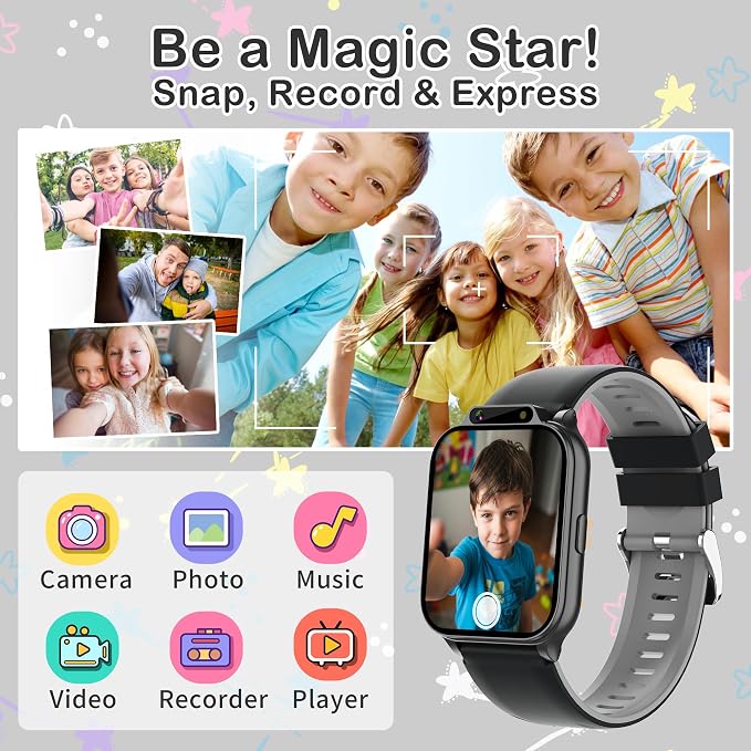 Tixpc Kids Waterproof Smart Watch with Fitness Tracker Sports Activity Pedometer Heartrate SpO2 Stress Monitor Flashlight APP HD Touch Screen Camera Games Music for 4-13 Year Old Boys Gifts for Kids