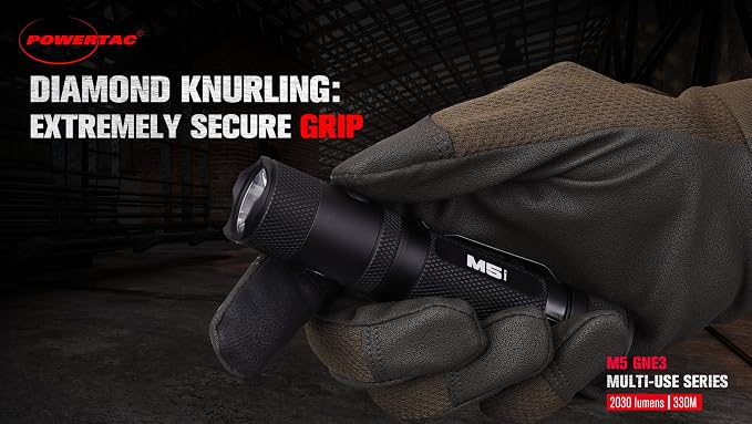 PowerTac M5-G3 2030 Lumens Rechargeable Tactical Flashlight, 330M Throw with Magnetic Charging and Dual Switch, LED Flashlight for Outdoor Emergency
