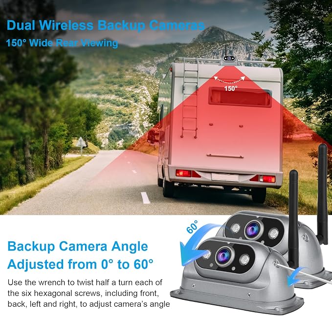 HD RV Vehicle Backup Cameras Wireless with 10.26" Monitor for Car Truck Trailer Bus Camper Motorhome System Recording Wide View Two Rear View Camera Clear Infrared Night Vision Support 4 Split Screen