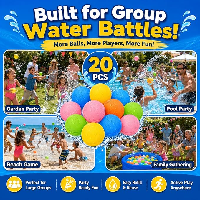SOPPYCID Magnetic Reusable Water Balloons for Kids, Refillable Water Balls Quick Fill for Pool, Outdoor Games for Beach, Summer Toys for Kids 4-10 (10Pack)