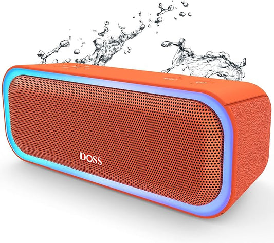 DOSS SoundBox Pro Bluetooth Speaker, 20W Stereo Sound, Active Extra Bass, 20H Playtime, Multi-Colors Lights, Wireless Stereo Pairing, IPX6 Waterproof for Garden, Hiking, Camping, Party-Orange ﻿