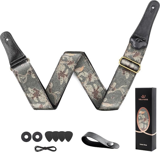 Guitar Strap, Electric& Acoustic Bass Guitar Straps,Embroidered Filament with Head Cowhide Leather Strap, with Free Strap Button,2 Guitar Strap Locks，4Guitar Pick (Flowers and Birds)