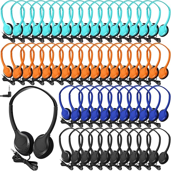 Frienda 48 Pack Classroom Headphones Bulk, Wired School Headsets for Students, Stereo Headphones with 3.5 mm Plug for Classroom, Online Learning, Library(Basic,Orange, Navy, Black, Blue)