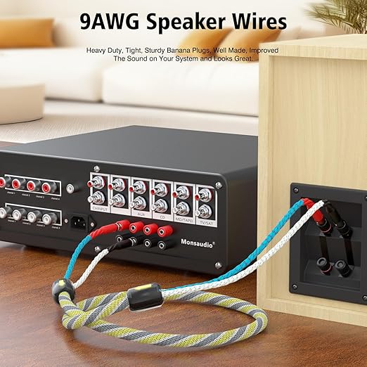 Monosaudio 9AWG Speaker Cable with Banana Blugs 2 x 6.3 mm² HiFi Audiophile Speaker Cable 1 Pair,OFC Gold Plated Brass Banana Plug Connectors for Speakers,Amplifier,Audio Video,AV Receivers（3M/9.9Ft）