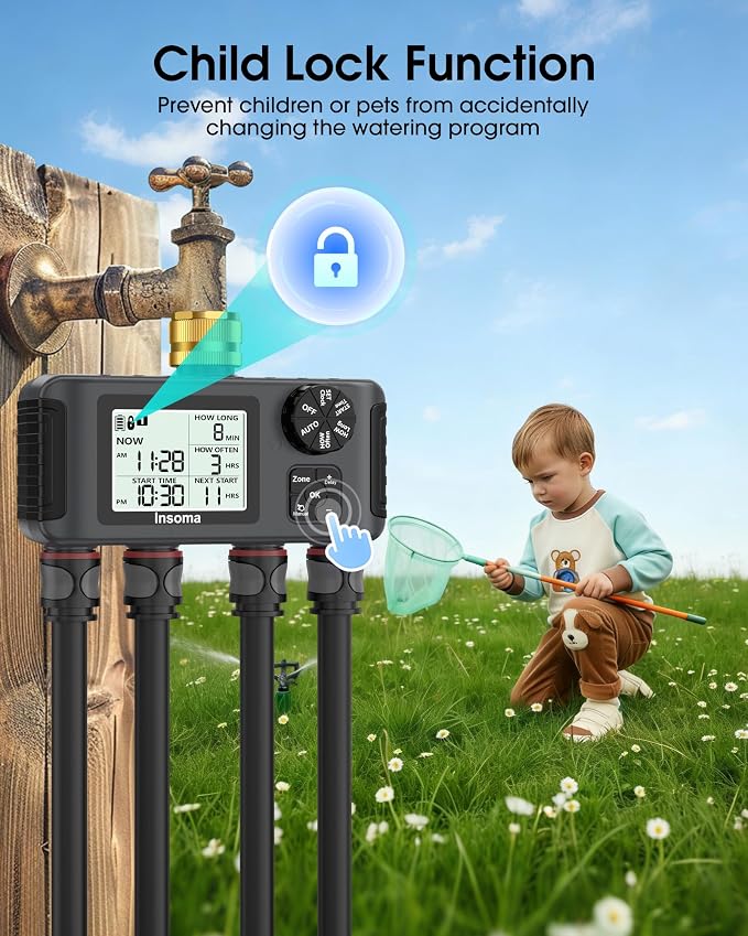 Insoma 4 Zones Sprinkler Timer with Brass Inlet, Water Timer for Garden Hose with Auto/Manual/Rain Delay Mode, Hose Timers for Irrigation Watering System for Yard, Lawn, Plant Watering