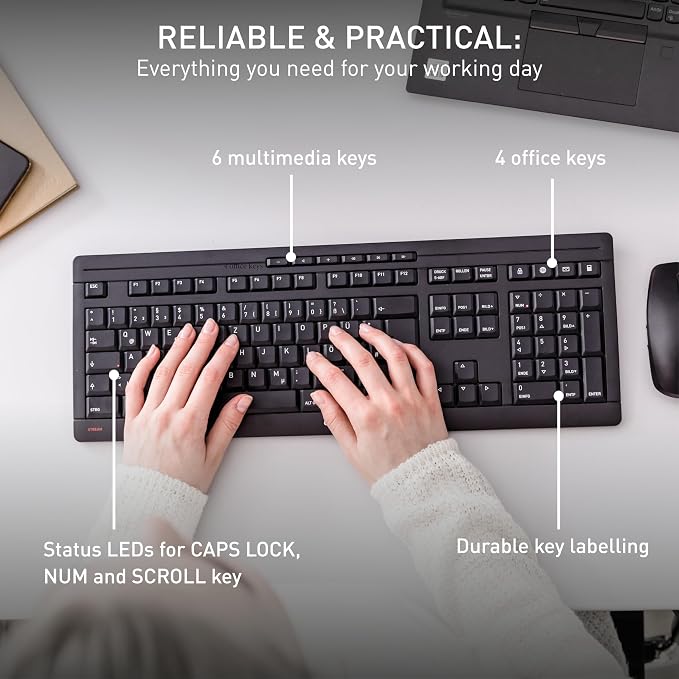 CHERRY Stream Desktop, Wireless Keyboard & Mouse Combo, 2.4 GHz Connection, Quiet Keys, Slim Design, Comfortable Writing, Battery-Powered, QWERTY, White-Gray