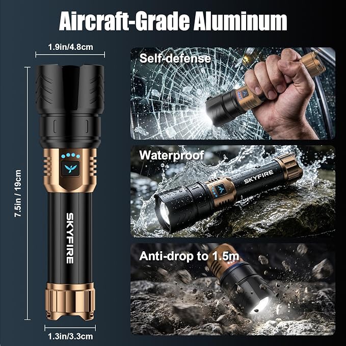 SKYFIRE LED Flashlights High Lumens with Ignition Lens,3000lm Super Bright Rechargeable Flashlight,Zoomable,4 Modes,Waterproof Tactical Flash Light for Camping Essentials,Outdoor and Home,Gift