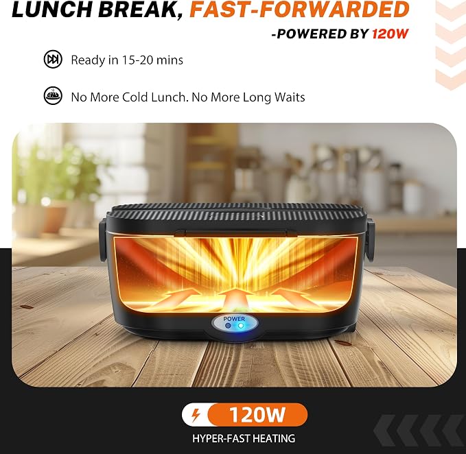 Heated Lunch Box,120W Electric Lunch Box for Adults with 1.5L 304 Stainless Steel Container, 12V/24V/110V Lonchera Eléctrica Portátil for Travel,Work,Car,Truck (Pure Black, 1.5L)
