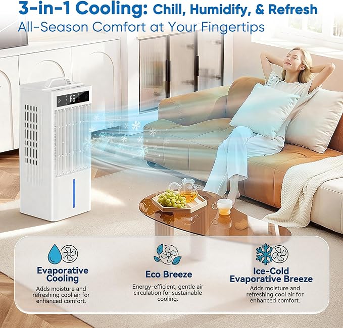 Portable Air Conditioners Fan, Windowless Evaporative Air Cooler 2 Modes & 6 Speeds, 12H Timer for Smart Auto-off, 3-Gals Tank for 20H Cooling,16FT Remote,No Hose Needed,38db Swamp Cooler