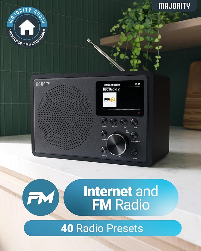 Internet Radio for Home with WiFi and FM | DSP Speaker Perfect for Bedroom, Kitchen, and Living Room Use | FM, Spotify Connect, Multi-Alarm, Frontier Oktiv App Control | Majority Touro