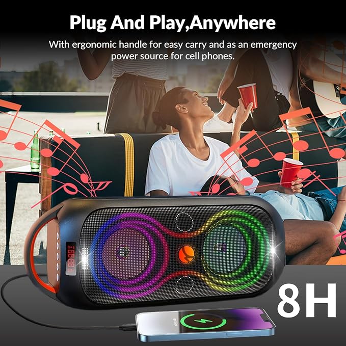 Speakers Bluetooth Wireless- 120dB Loud Sound, Dynamic 8 LED Lights, 5 RGB Modes, Bluetooth 5.3, TWS/USB/TF/AUX/FM/Mic Input, Built-in Handle, Portable Party Speaker for Home, Outdoor, Camping (RGB)