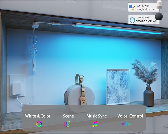 Smart Under Cabinet Lights, LED Light Bar, White & RGB Multi Color Changing Counter Lighting. Alexa Google App Controlled Lamp for Kitchen ,Shelf, Bookcase, above Sink, Desk (1-Bar 20 Inch Kit)