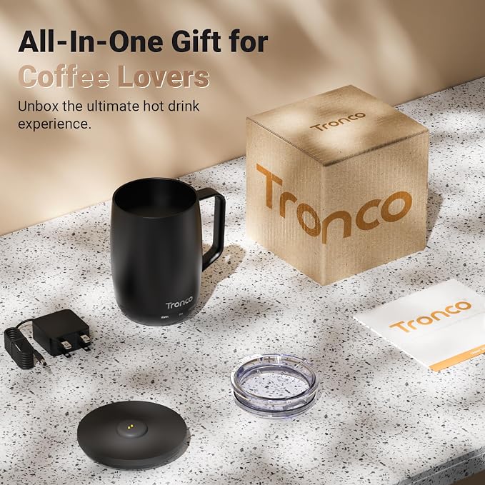 Tronco Temperature Control Heated Coffee Mug 14 oz – Rechargeable Self-Heating Smart Mug with Lid – Manual Control, 3 Modes, 130 Min Battery Life, Auto Shut-Off (Black)
