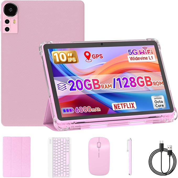 10 Inch Tablet Android 15 Tablets with Case 4+16GB RAM+128GB ROM, 6000mah Battery 10 in Android Tableta, 2MP+8MP Dual Camera 10.1'' IPS HD Touch Screen Tab (Pink+Keyboard)