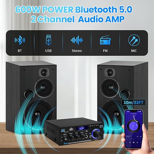 Bluetooth 5.0 Audio Amplifier Receivers-AK45 HiFi Stereo Mini Power Amplifier RMS 40W x 2 Max. 600W 2.0 Channel Home Theater Audio Components Speakers Amp W/MIC,USB, RCA,FM Radio