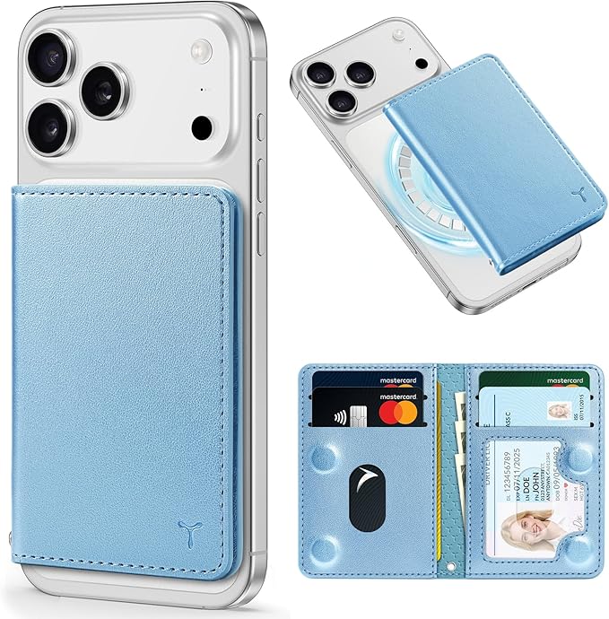 TUCCH for Magsafe Wallet with 6 Card Holders, RFID Blocking Clear ID Window PU Leather Men Women Folio Magnetic Phone Wallet for iPhone 17/16/15/14/13/12/Plus/Air/Pro/Pro Max Series, Pearly Light Blue