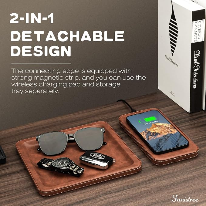 PU Leather Wireless Charging Station and Valet Tray, Gift for Men Husband Dad from Wife Daughter Son, Nightstand Organizer for Men Women, Boyfriend Anniversary Birthday Gifts for Him