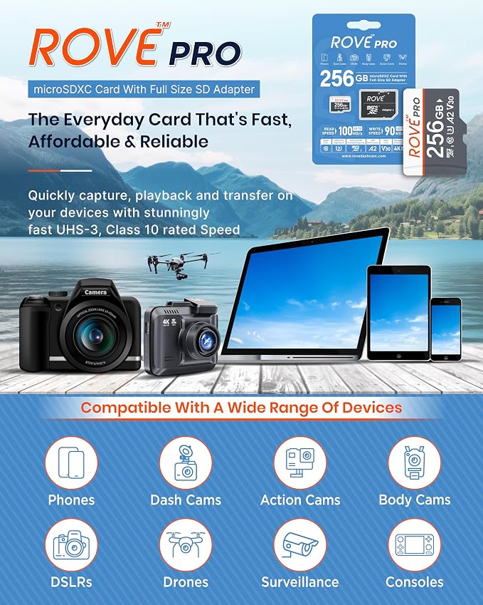 ROVE PRO Micro SD Card microSDXC 256GB Memory Card with Full-Size SD Adapter 100MB/s Read Speed, C10, U3, V30, 4K, A2 for Dash Cam, Android Smart Phones, Tablets, Games