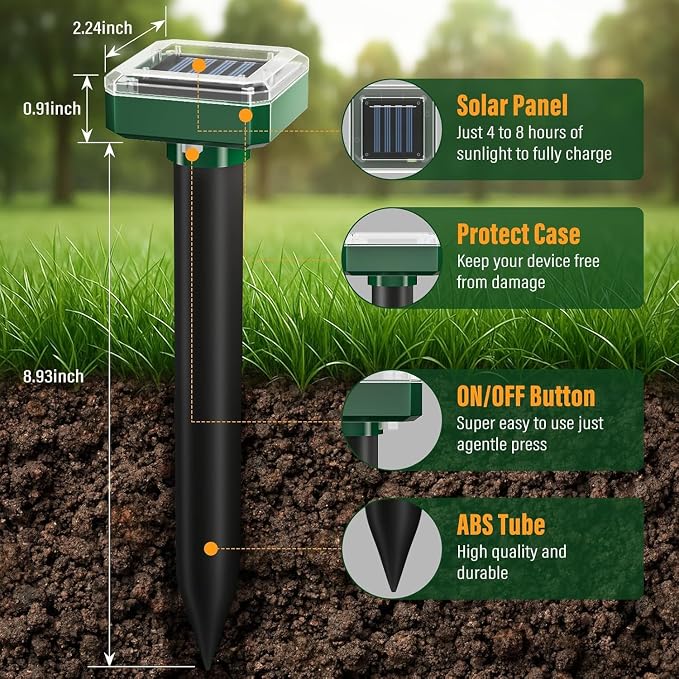 Mole Repellent Solar Powered 10 Pack, Humane Sonic Spikes Stakes Outdoor Waterproof, Repel Snake Groundhog Chipmunk Vole Gopher, Effective Rodent Repellent for Lawns, Garden, Farm
