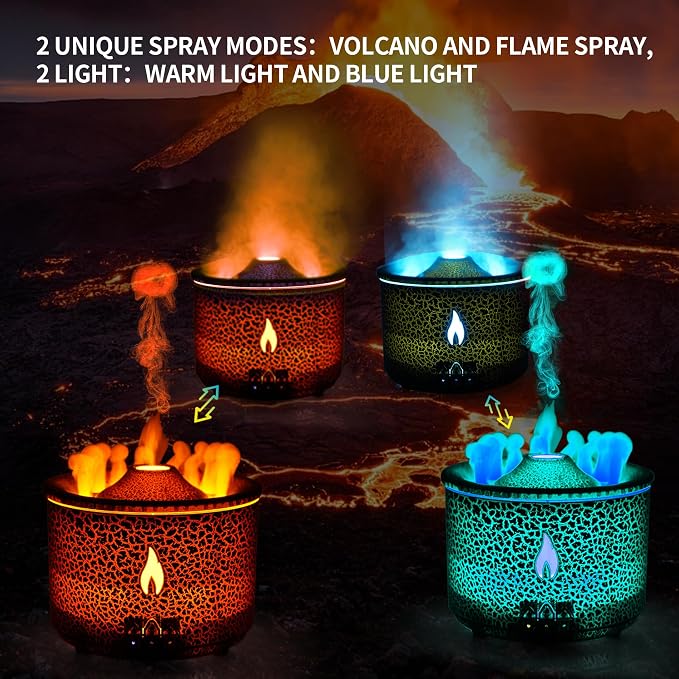 BOHOFAM Aroma Essential Oil Diffuser 360 ML,Volcano and Flame Diffuser/Humidifier,give1.76 oz Hotel Collection Essential Oils,Blue/red Light Selection,Diffusers for Home,Large Room(Black Cracks)