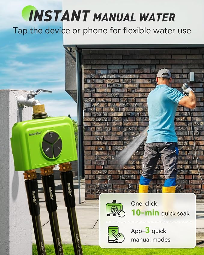 RAINPOINT 3 Zone WiFi Water Timer with Smart Gateway, Brass Inlet/Outlet WiFi Sprinkler Timer, Voice Control, Smart Watering System by Time/Weather/Quantity/Soil Moisture, (Green, 3 Zone)