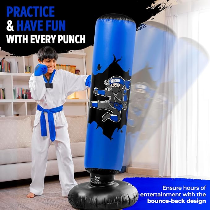 THB Punching Bag for Kids - Inflatable Punching Bag with Boxing Gloves for Kids Age 3-8, 63” Ninja Boxing Bag with Electric Air Pump to Practice Taekwondo, Karate, MMA, Bouncing Back