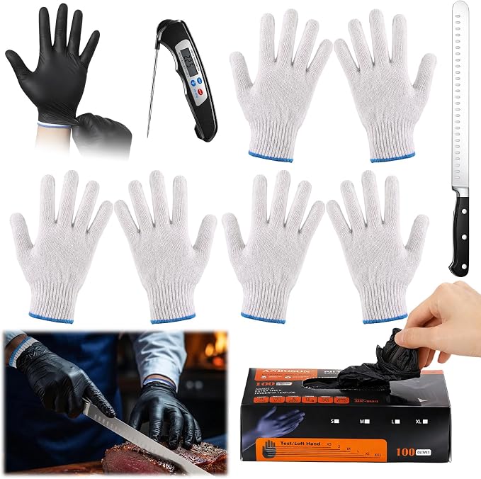 BBQ Set 55 Pack Heat Resistant Gloves, Brisket Carving Knife, and Digital Meat Thermometer for Outdoor Barbecue Cooking Baking Smoking BBQ & Grilling Accessories