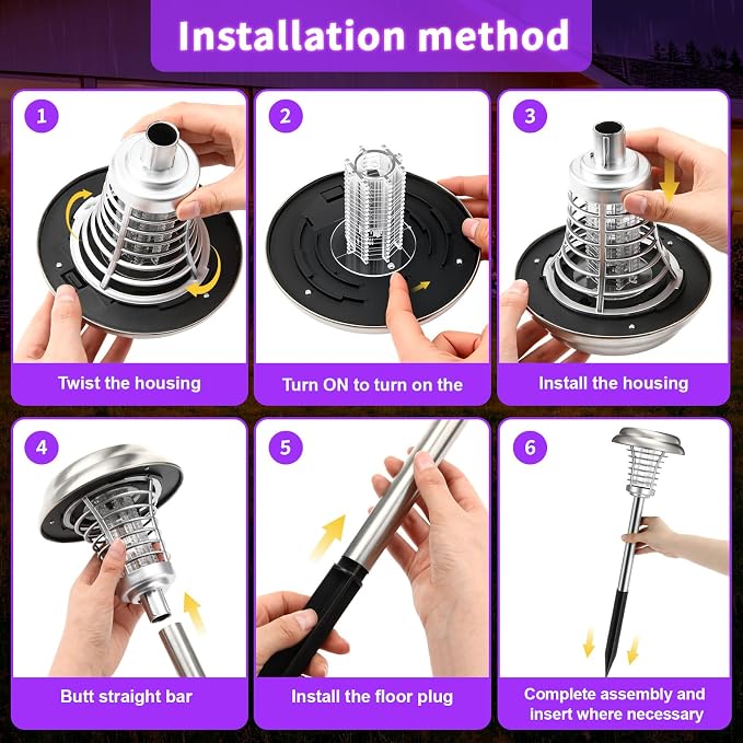 4 Pcs Solar Bug Zapper Outdoor Waterproof Mosquito Repellent light Solar Power Fly Killer lamps for Moths, Gnats, Fly, Small Flying Insect Backyard Garden Lawn (Stainless Steel,Purple & Colored Light)