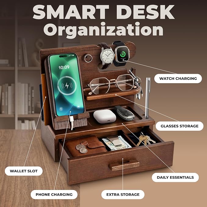 TESLYAR Wood Phone Docking Station with Drawer - Nightstand Organizer - Desk Organizer for Husband - Birthday Gifts for Men, Dad, Anniversary Idea, Key Holder Stand Watch & Accessories (Bourbon Brown)