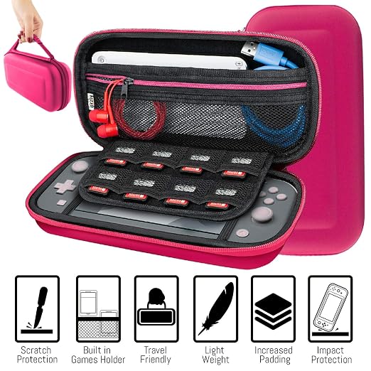 Orzly Accessories Bundle for Switch Lite - Case & Screen Protector for Nintendo Switch Lite Console, USB Cable, Games Holder, Comfort Grip Case, Headphones, Thumb-Grip Pack & More - Pink