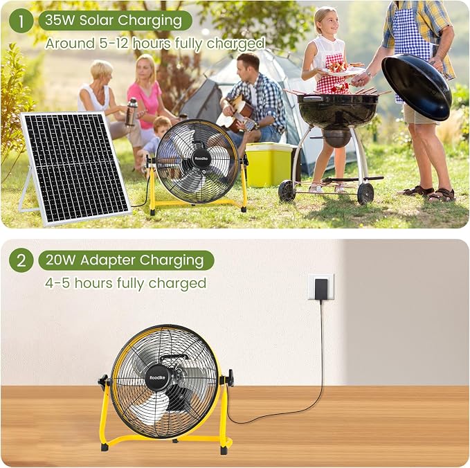14" Solar Rechargeable Floor Fan, 35W Solar Powered Battery Operated Fans for Outdoor Garden Greenhouse Barn Stable Camping Garage Patio Air Circulation Cooling