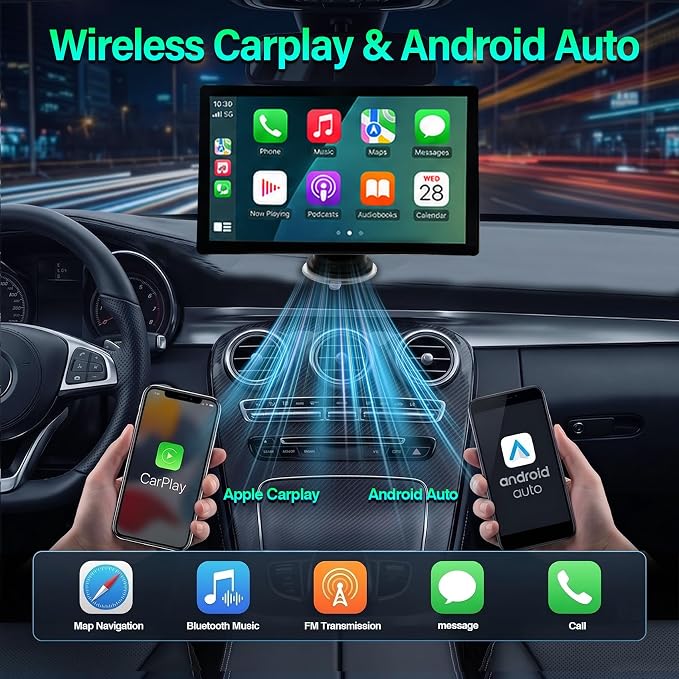 9" Wireless Apple Carplay Screen for Car, Portable Apple Carplay & Android Auto with Bluetooth, Mirror Link, Navigation, Voice Control, Backup Camera, AUX, Plug & Play Car Play Screen for All Vehicles