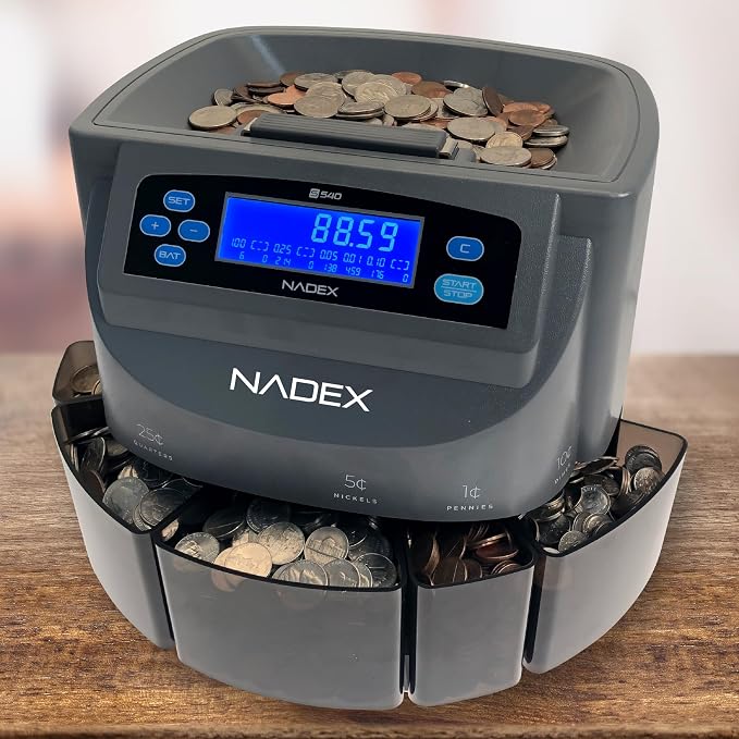 Nadex S540 Pro | Coin Counter, Sorter, and Wrapper | Sorts up to 300 Coins Per Minute | Comes with 48 Preformed Wrappers (Gray)