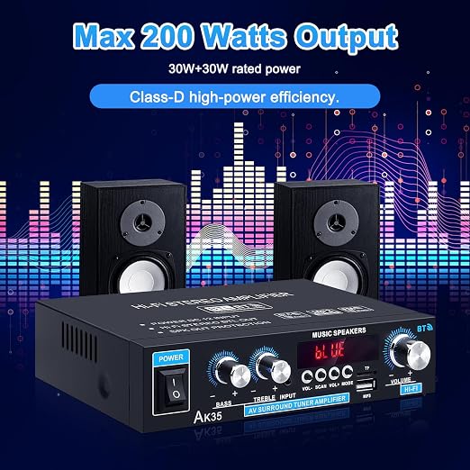 Home Audio Amplifier AK-35 HiFi Bluetooth 5.0 Mini Stereo Power Amp Receivers 2.0 Channel RMS 30W x 2 Max. 200W Output with USB,AUX,FM Radio for Home Theater Speakers System