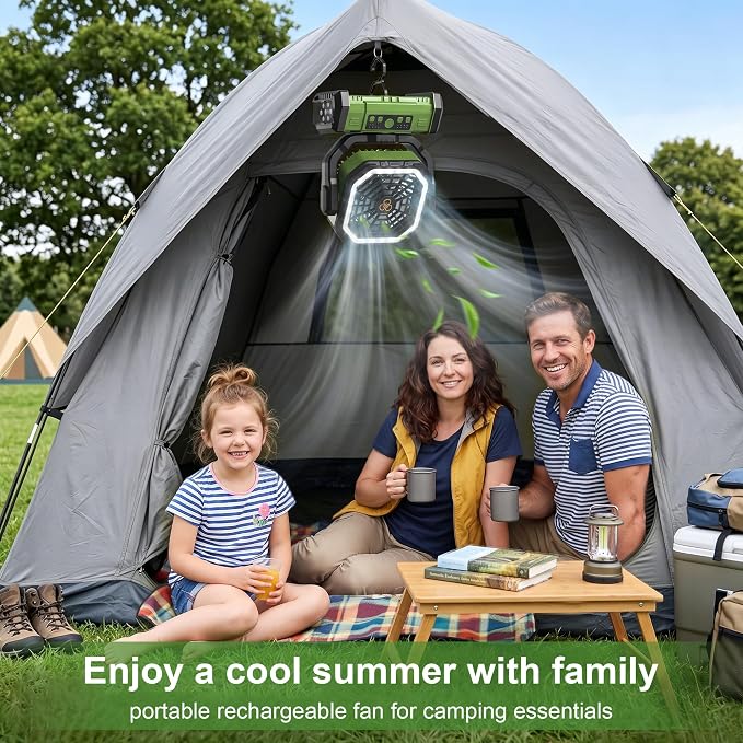 Portable Rechargeable Fan 20000mAh, Battery Powered Camping Fan with LED Light& Remote,Cordless,4 Speeds Wind,Timer for Tent,Travel,Rv Camping Essentials (Green)
