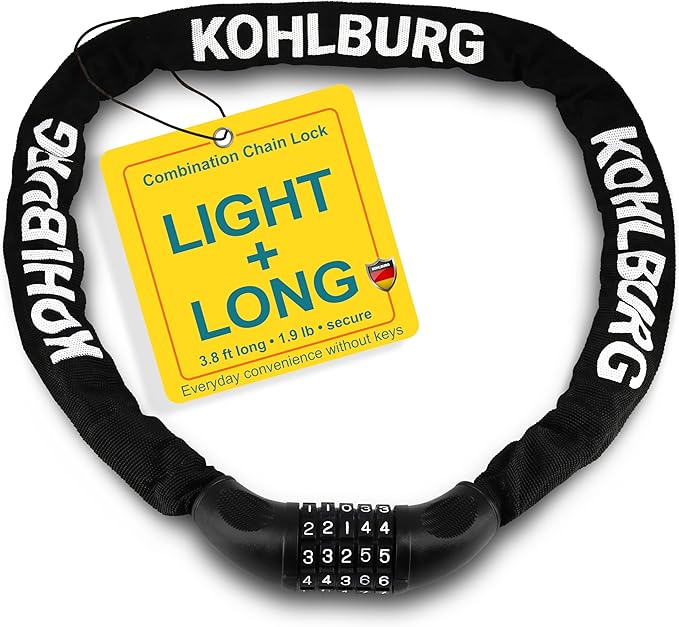 KOHLBURG Extra Long Bicycle Combination Lock - 3.8 ft Chain & 0.24” Strong Number Combination Bike Lock - Secure Chain Lock Almost 4 ft - Security 5-Digit Bike Lock Combo for Bicycle & e-Bike