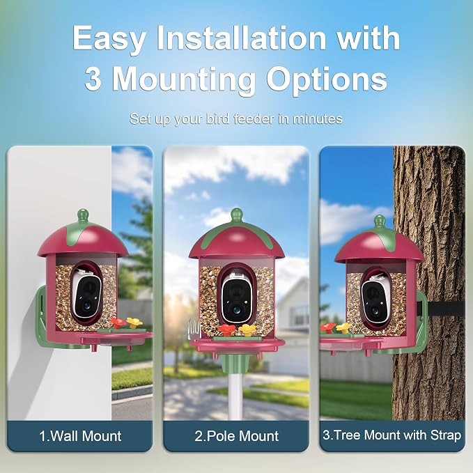 Smart Bird Feeder with Camera Outdoor Birdhouse: AI Identifies 11000+ Species, 2K HD with Arrival Alerts, Attracts Hummingbirds, Dual Squirrel-Proof, Solar Powered, Gifts for Bird Lovers Mom Dad(Red)