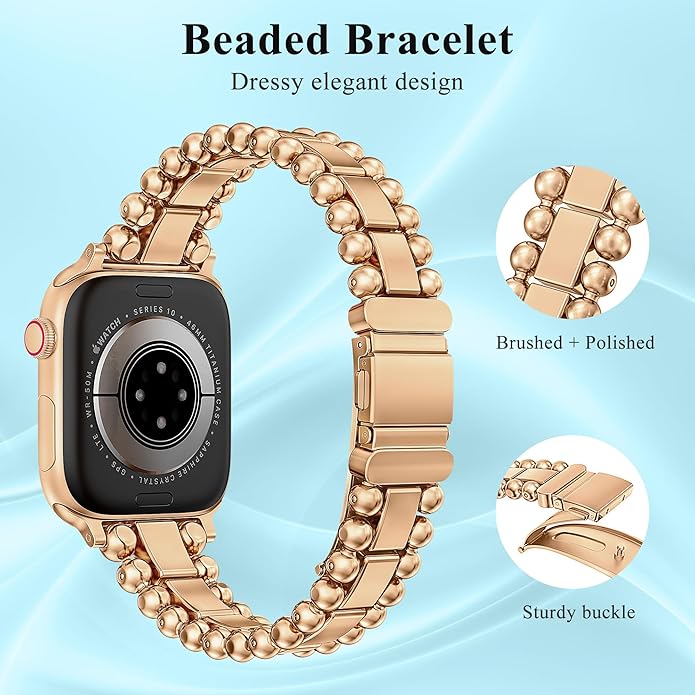 TOYOUTHS Beaded Bracelet Compatible with Apple Watch Bands 38/40/41/42/44/45/46/49mm Women, Dressy Fancy Stainless Steel Metal Elegant Jewelry Strap for iWatch Series 11 10 9 8 7 6 5 4 Ultra/SE 3 2 1