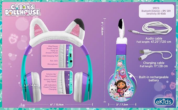 Gabbys Dollhouse Bluetooth Headphones for Kids, Wireless Headphones
