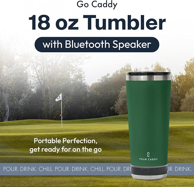 Vibe 18 oz Tumbler with Bluetooth Speaker, Insulated Stainless Steel Travel Cup with Lid, Hot & Cold Drink Beverage Container, Removable Speaker with Microphone, Rubber Base, Dark Green