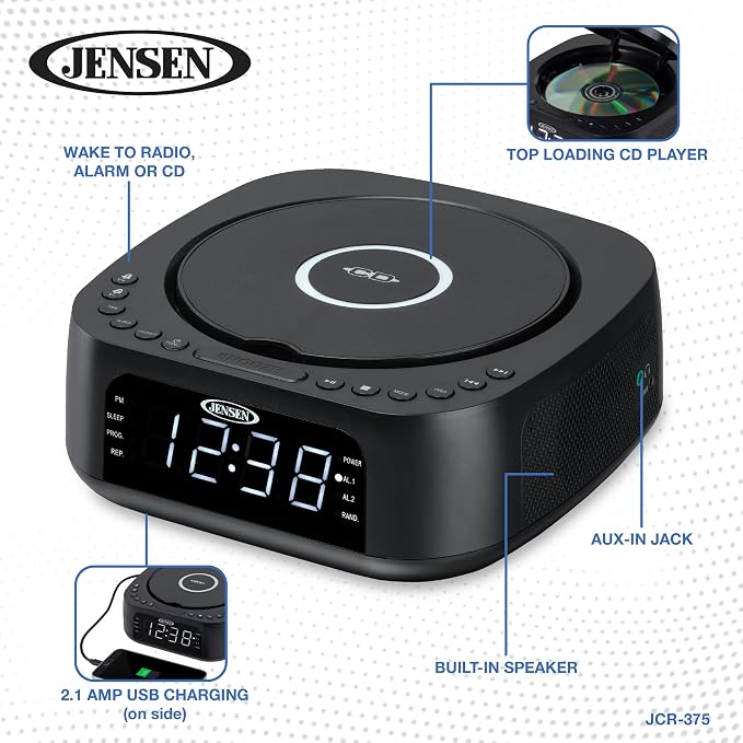 Jensen JCR-375 Stereo Digital Dual-Alarm Clock with Top-Loading CD Player, FM Tuner, USB Charging Port, and Battery Backup