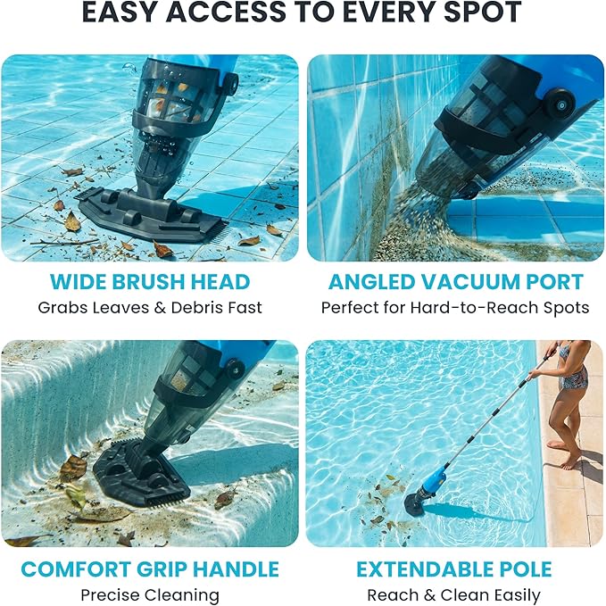 Cordless Pool Vacuum Above & Inground Pools, Powerful 15GPM Suction, Handheld Pool Vacuum with 4 Section Pole up to 87", 1H Runtime, Debris Filter Bin, Rechargeable Pool Cleaner for Spas & Hot Tubs