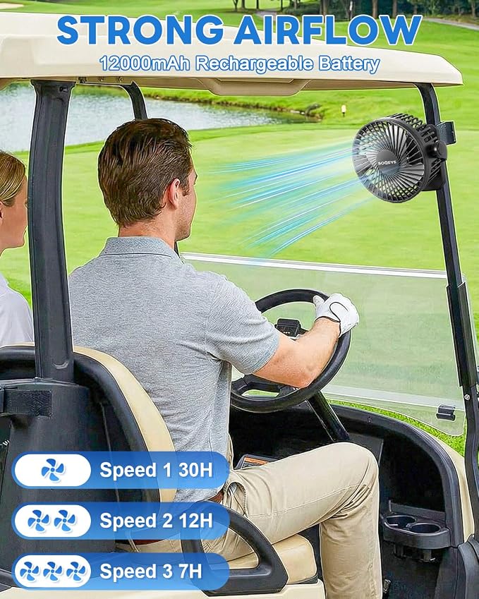2-Pack Golf Cart Fans Rechargeable, 12000mAh Battery Operated Portable Fan with 2X Magnetic Fan Base, 3 Speeds, Lights - for EZGO Club Car Yamaha Golf Cart Accessories, Gifts for Men Dad Husband