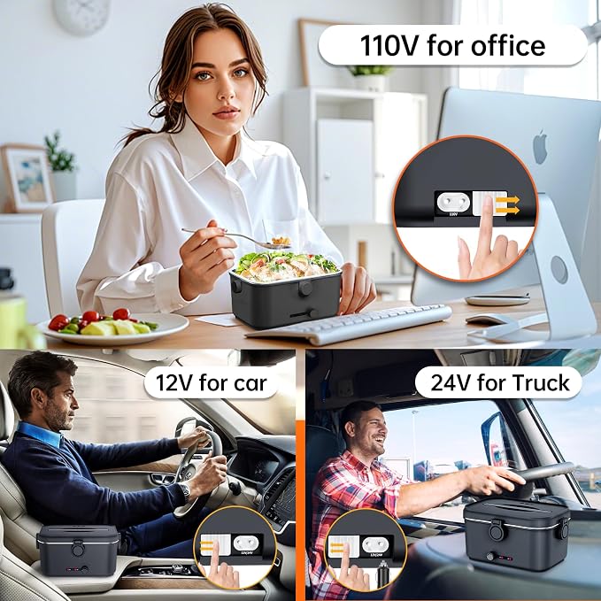 Heated Electric Lunch Box for Adults, 80W Portable Food Warmer with 1.8L Stainless Steel Container, Utensils, Carry Bag & Leakproof Lid, 12V/24V Car/Truck & 110/120V Home/Office (Black)
